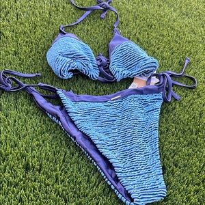 Blue Textured Tie-Side Bikini - Women Swim Two-Piece